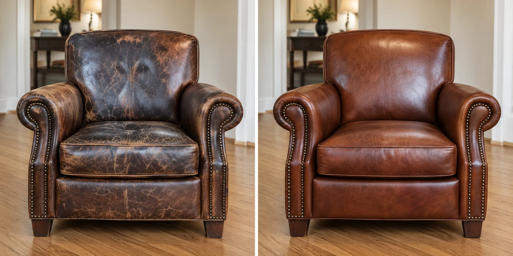 Cracked antique leather armchair before and after full restoration