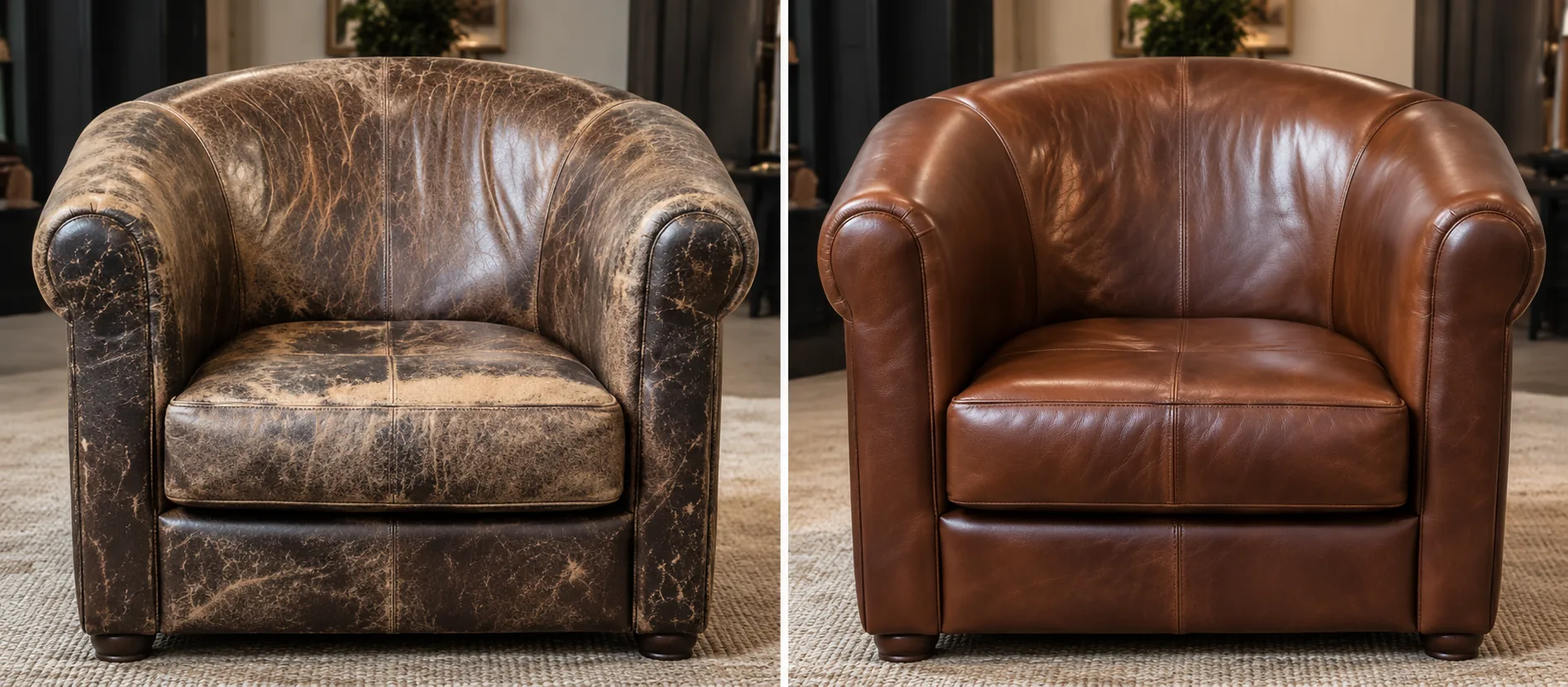Before and after leather repair for interior designers on an antique club chair, cracked hide restored to an even finish