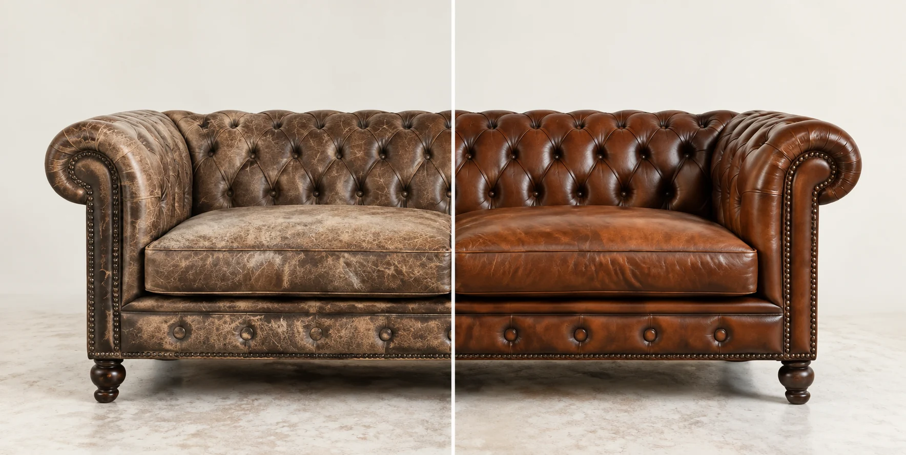 Brown Chesterfield before and after restoration