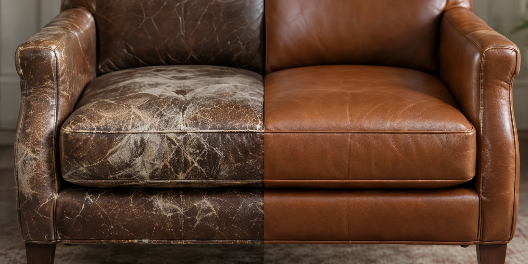 Sillón de cuero marrón antes y después