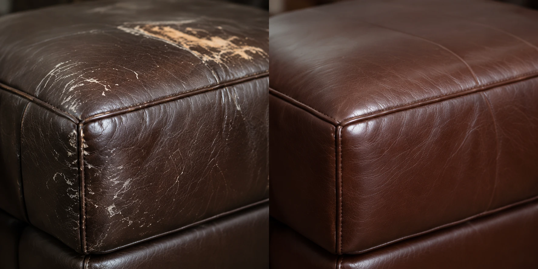 Ottoman top with the finish peeled away on the left, filled and recoloured on the right