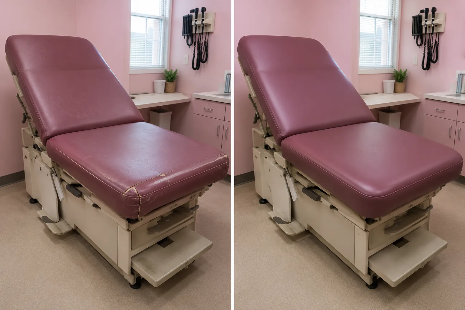 A burgundy exam table with worn vinyl, beside the same table reupholstered