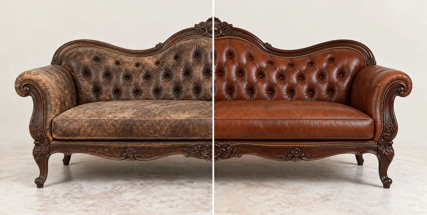 Carved-crest buttoned sofa worn on one half and sound on the other