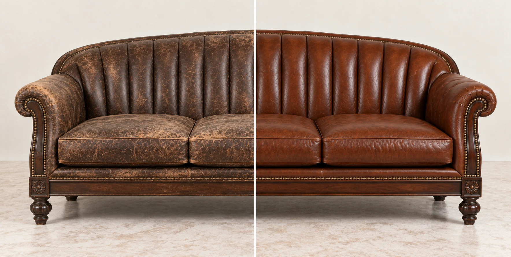 Channel-back leather sofa worn on one half and sound on the other
