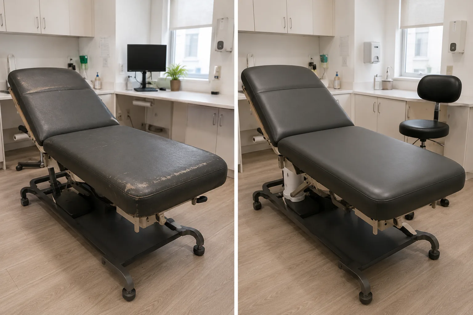 A charcoal exam table with a worn top, beside the same table after reupholstery