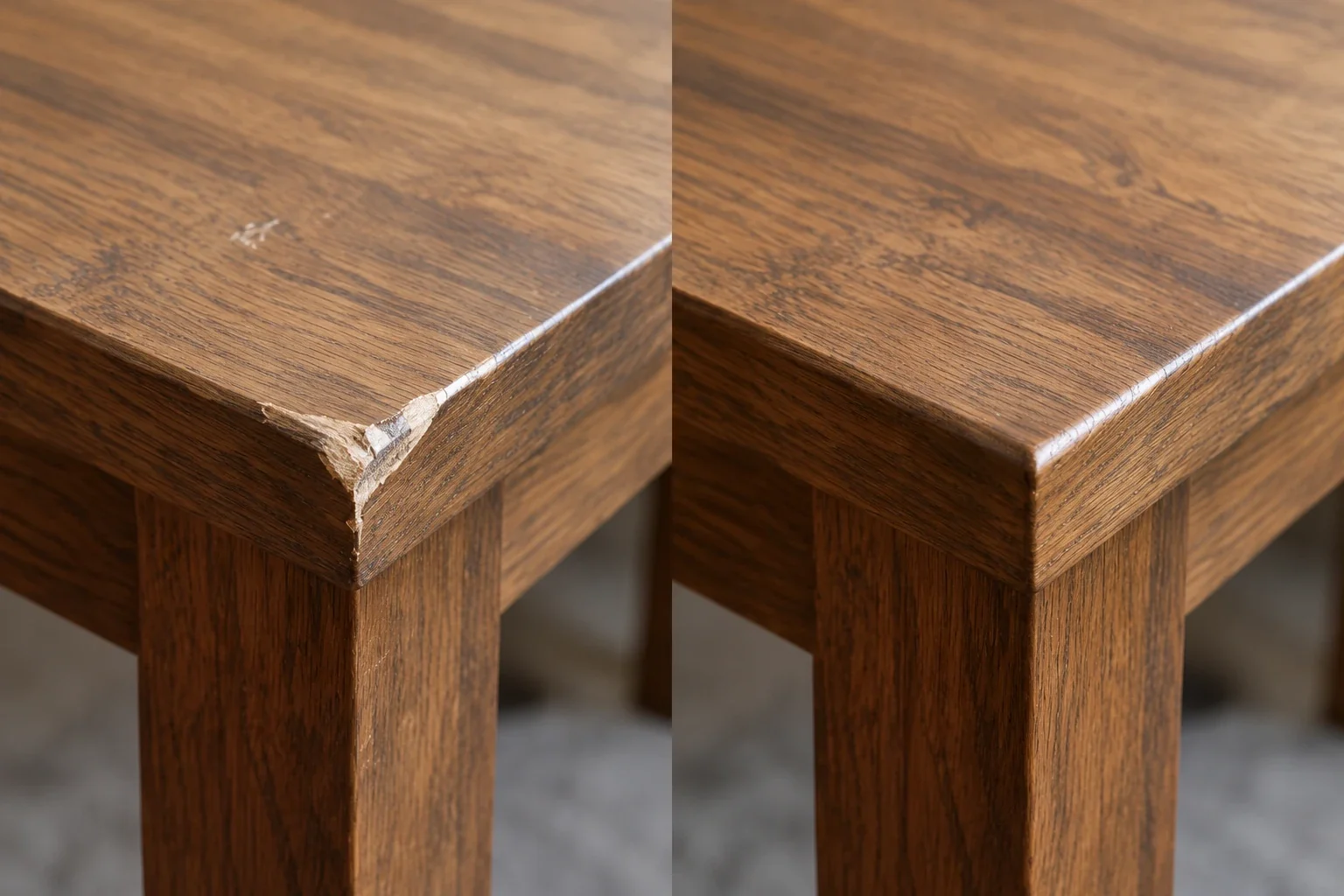 Chipped oak table corner before and after wood repair
