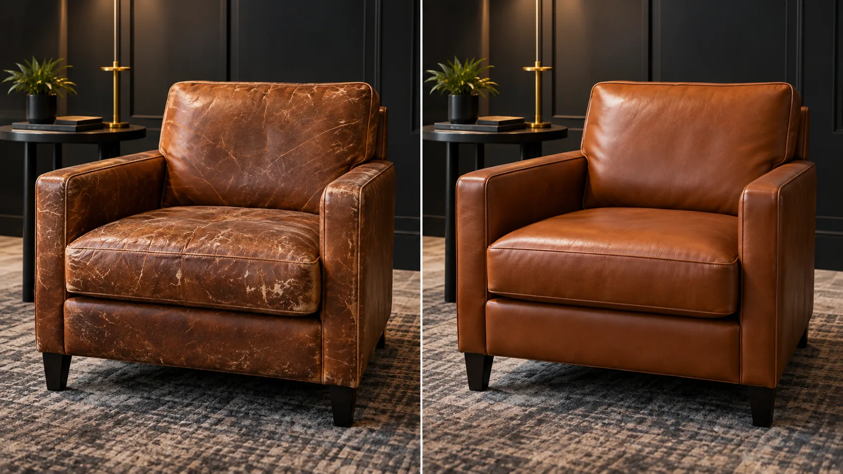 Cognac leather club chair before and after reupholstery