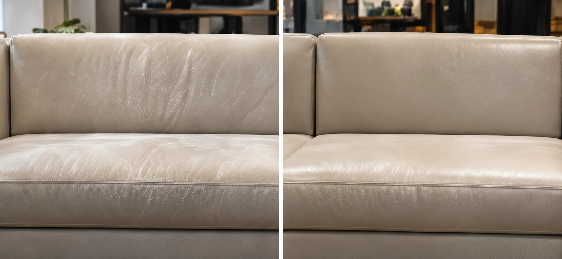 Before and after scratch repair on a cream leather sofa in a private residence