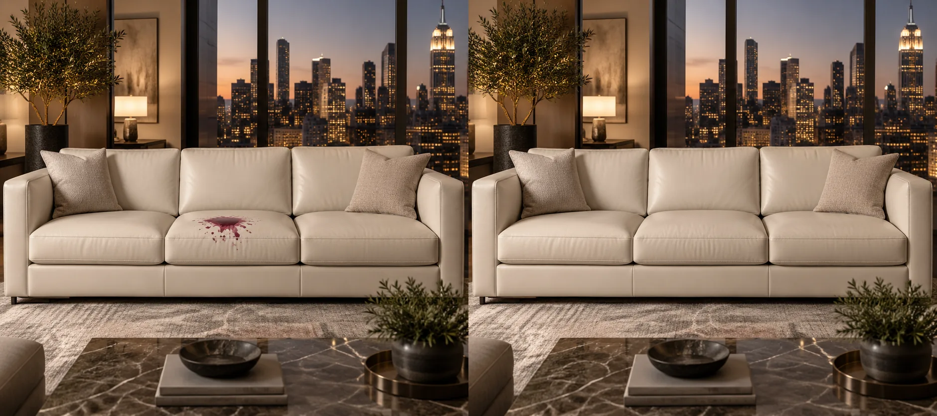 Before and after high end leather furniture repair on a cream leather sofa with a wine stain