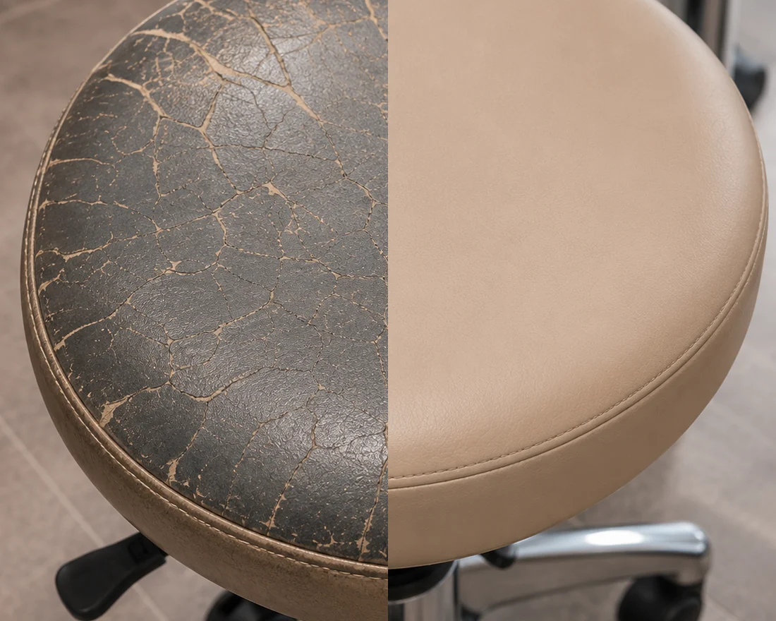 A cracked grey dental operator stool seat beside the same stool recovered in taupe