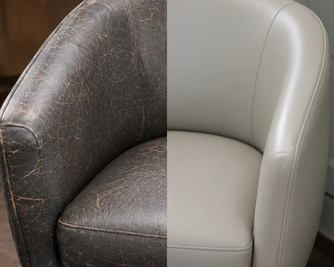 A cracked dark reception chair beside the same chair repaired and recolored pale grey