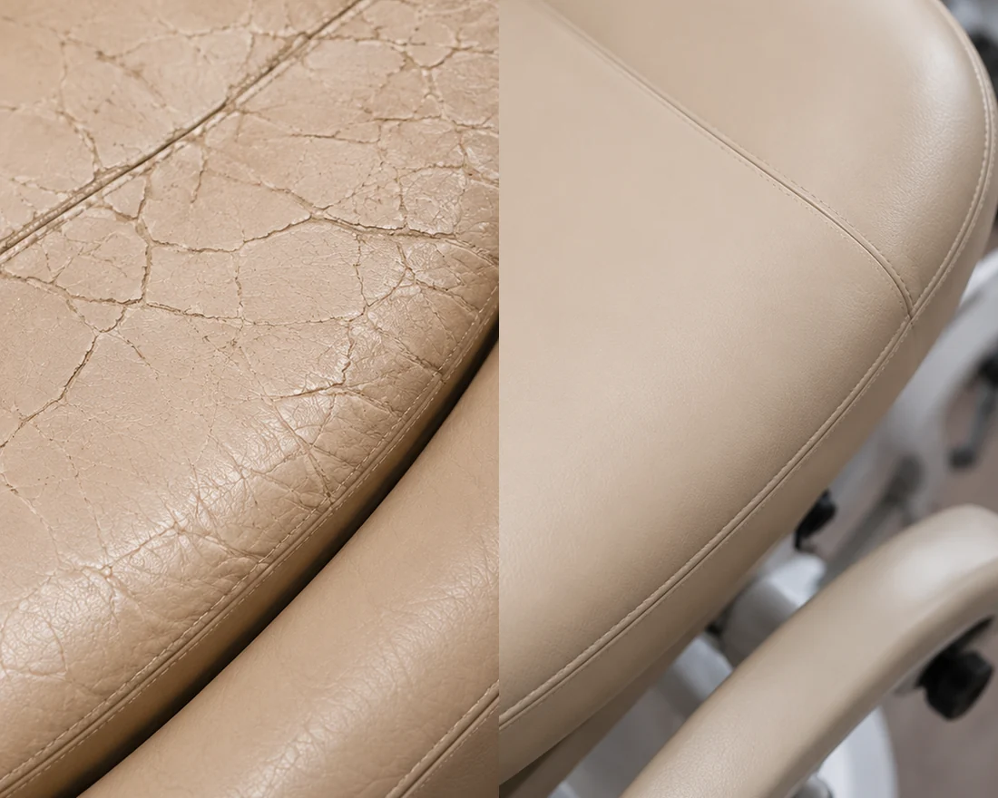 Crazed vinyl on a dental treatment chair beside the same chair after repair