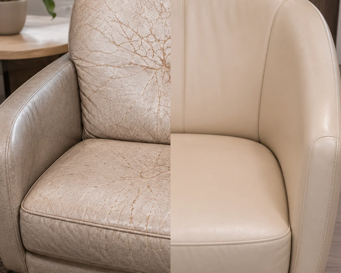 A crazed vinyl waiting room chair beside the same chair restored