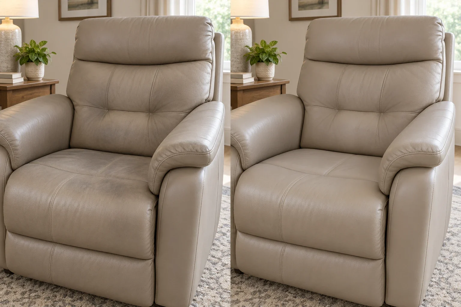 Discolored taupe recliner before and after