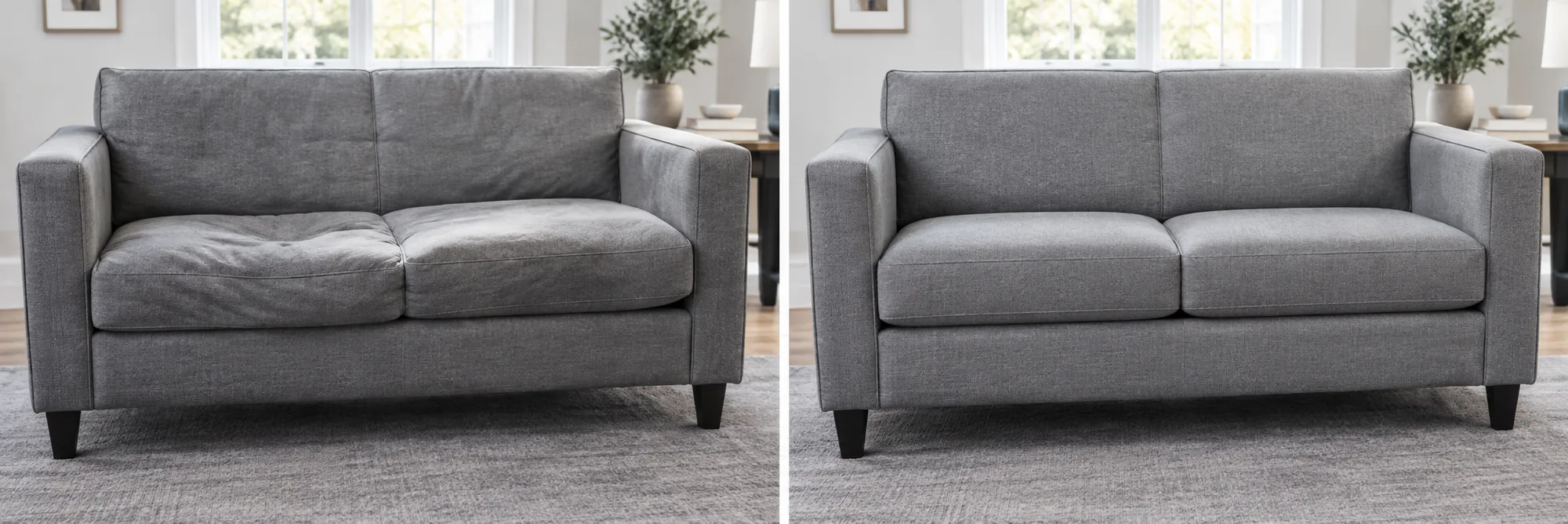 Sagging grey sofa seats before and after