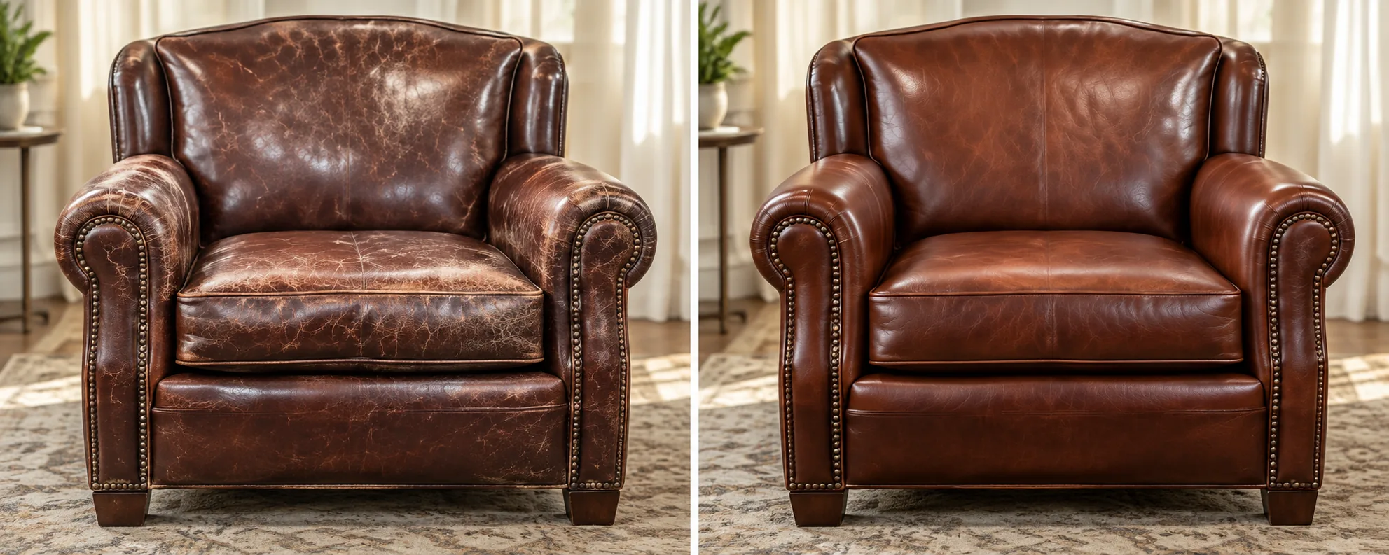 Before and after leather repair for interior decorators on a faded oxblood club chair