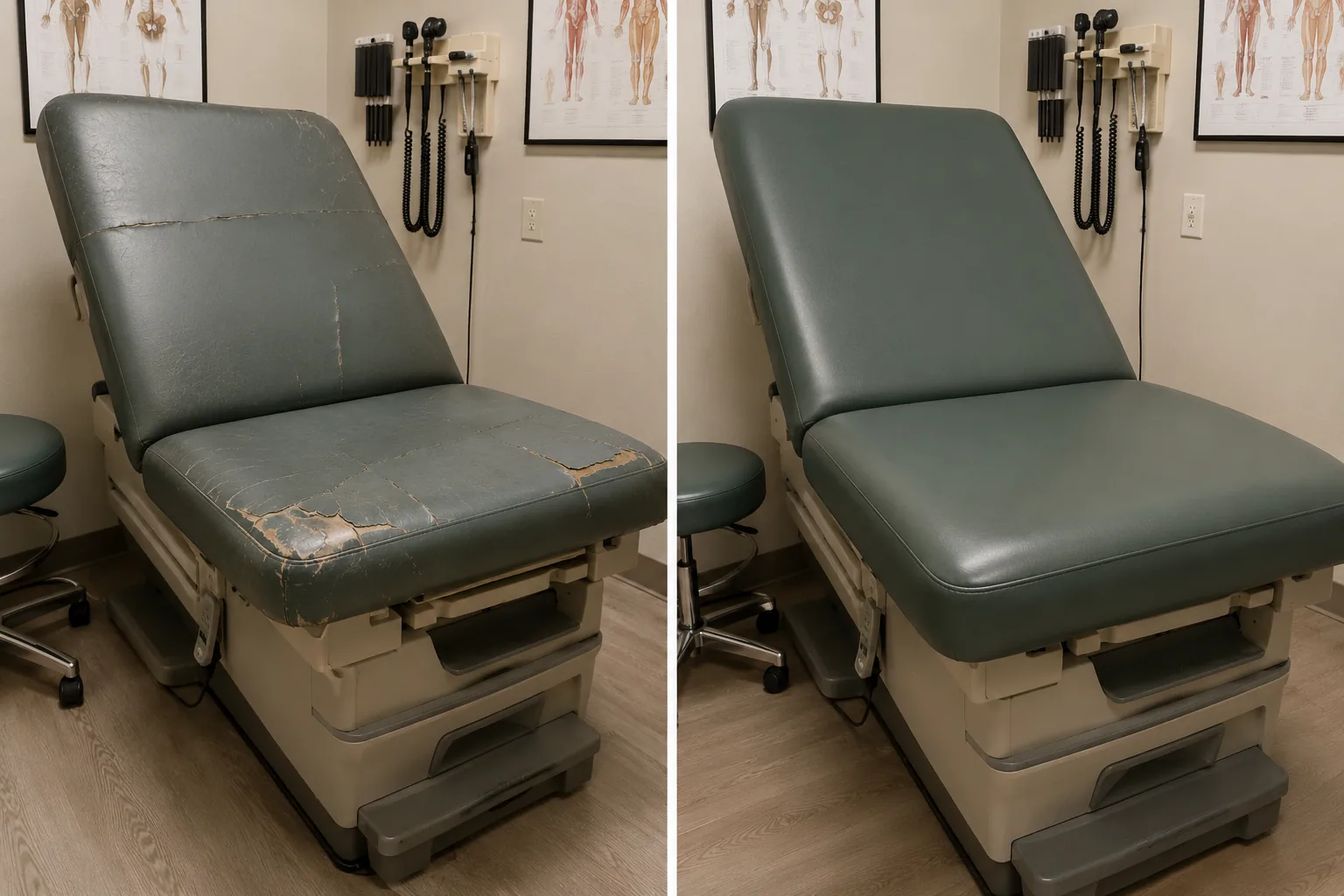 A green exam table with a split seat, beside the same table reupholstered