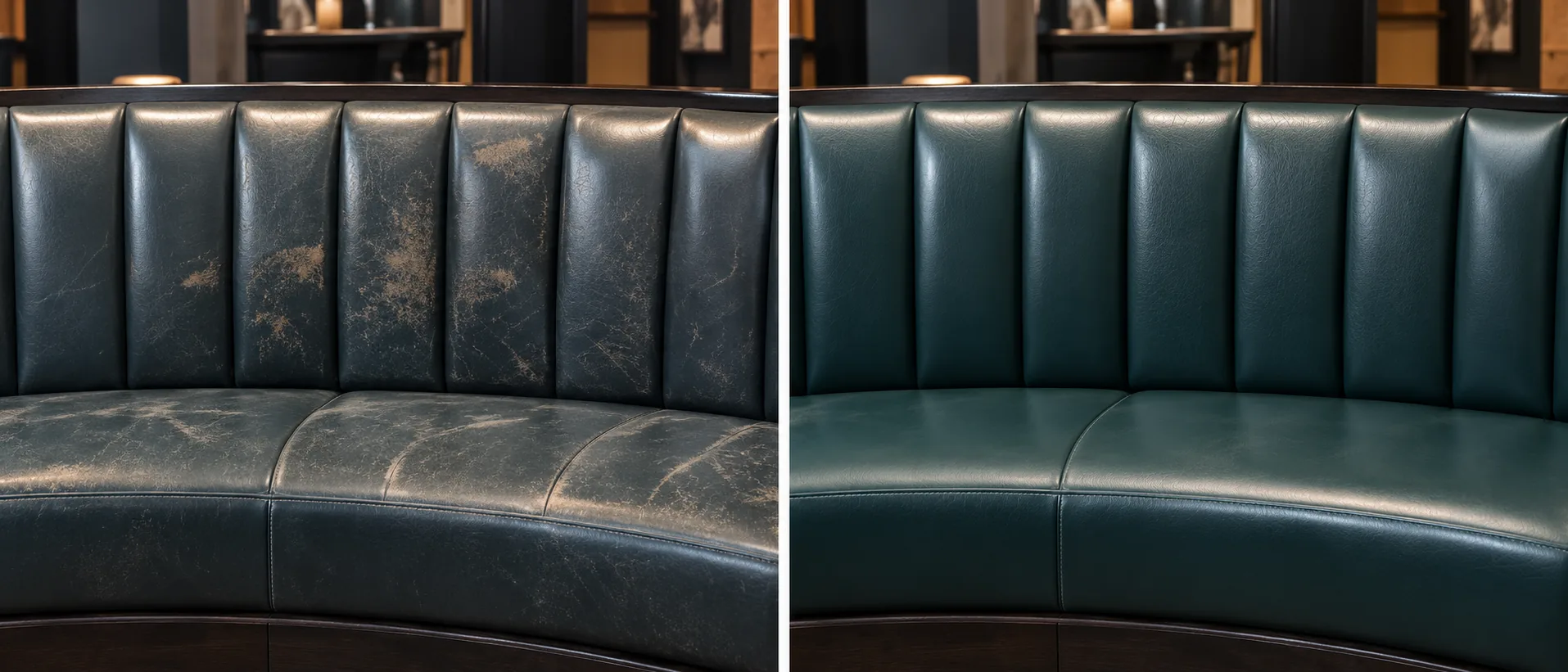 Before and after restoration of a green leather curved banquette in a hospitality dining room