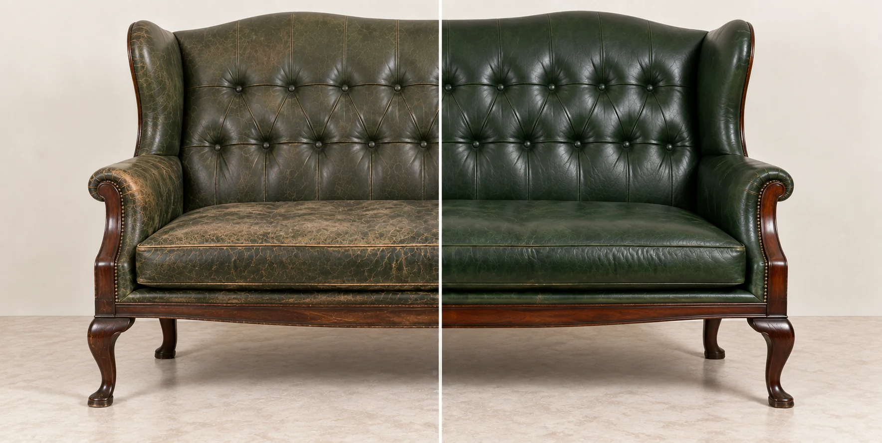 Green leather wingback settee worn on one half and sound on the other