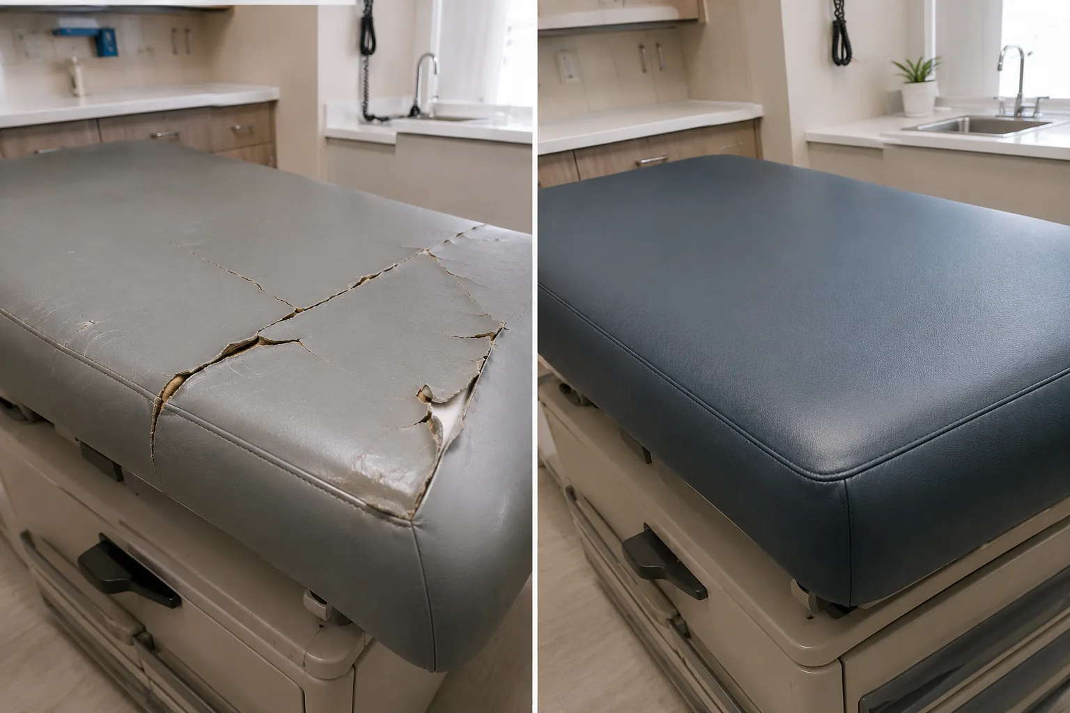 A grey exam table top split at the corner, beside the same table recovered in navy
