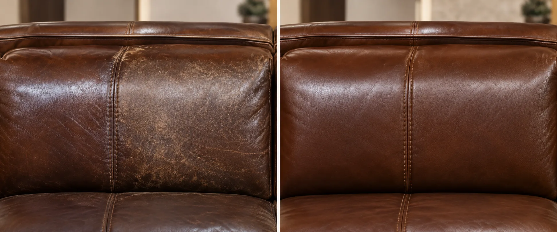 Before and after color restoration of a cracked brown leather back cushion