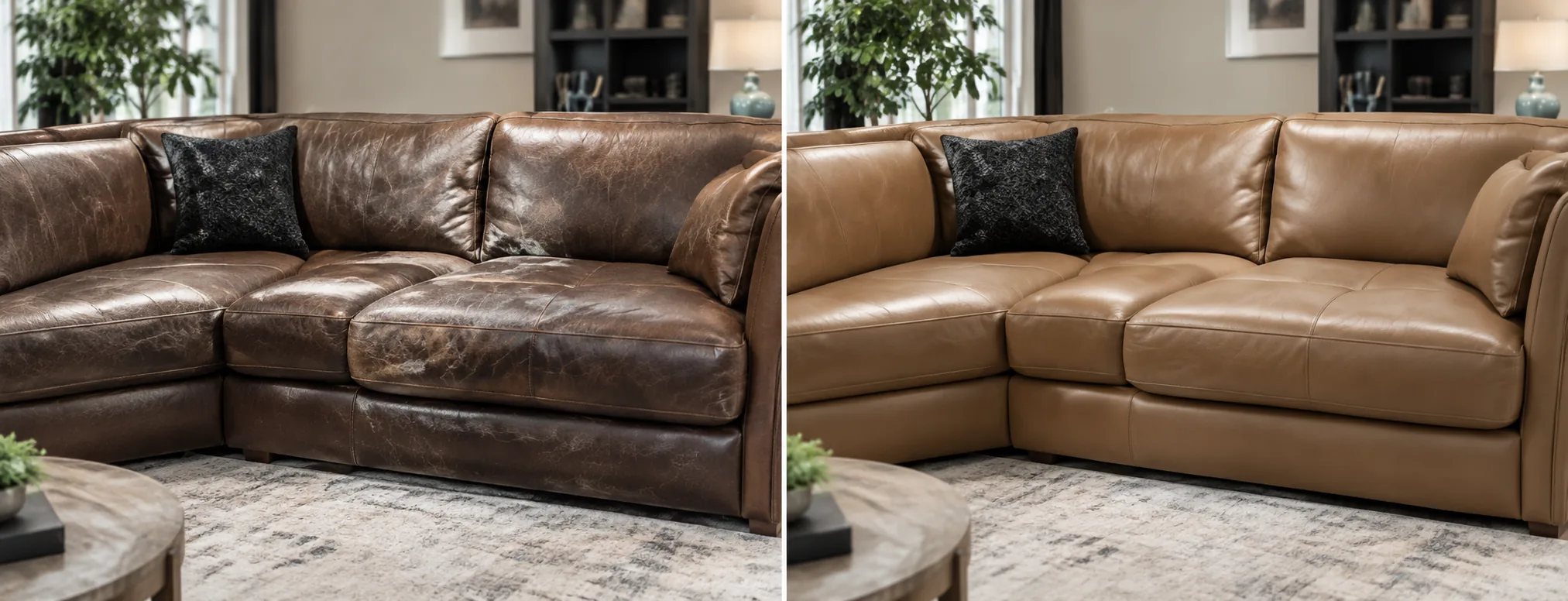 Worn brown leather sectional before and after colour restoration