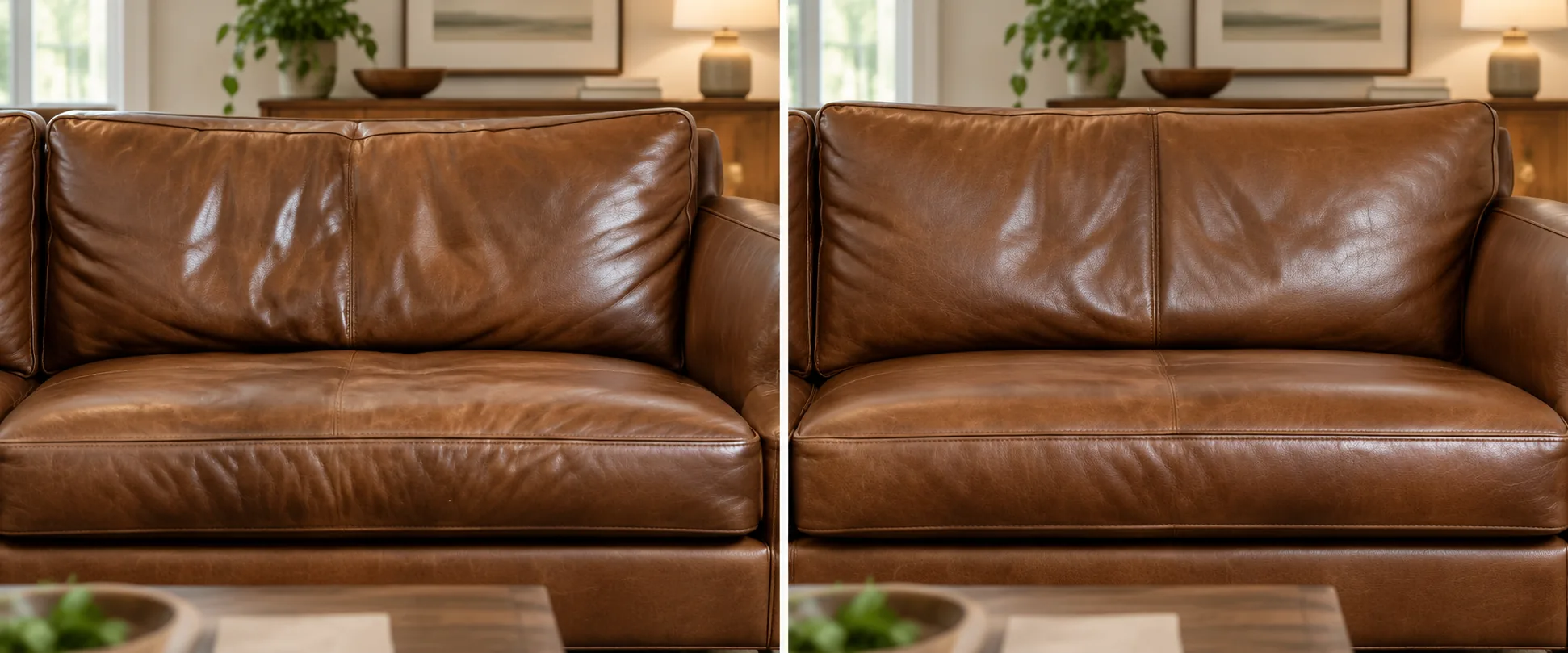 Creased brown leather sofa cushions before and after reshaping
