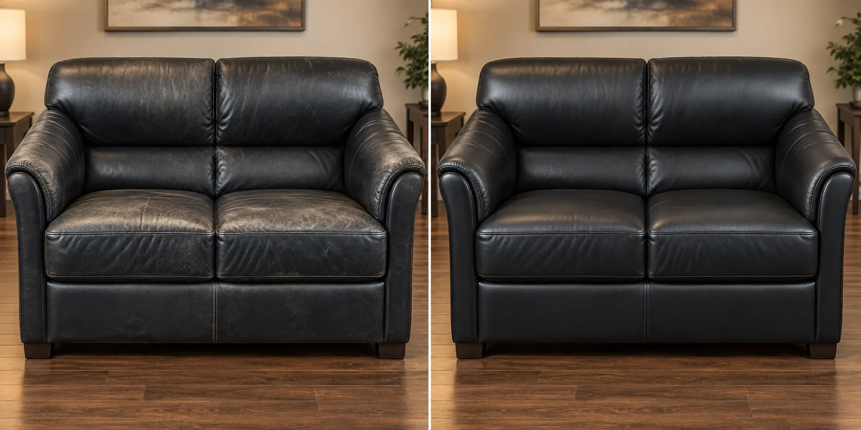 Before and after property management furniture repair NYC on a worn black lobby loveseat