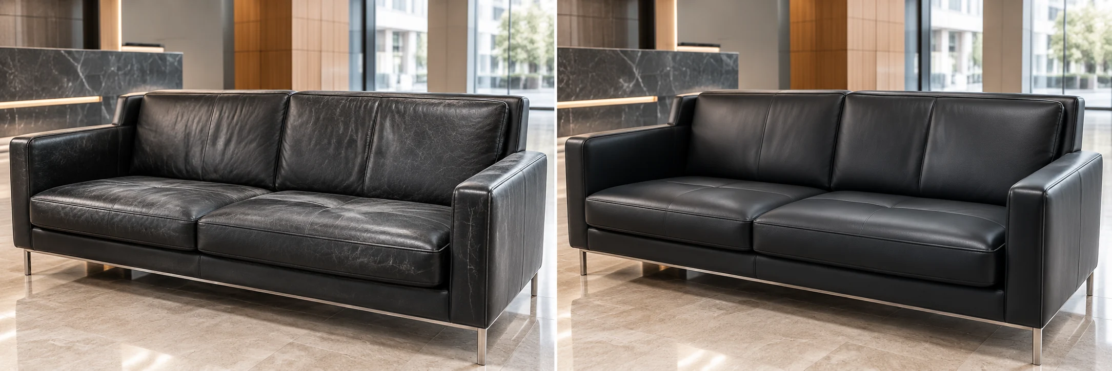 Lobby leather sofa before and after restoration