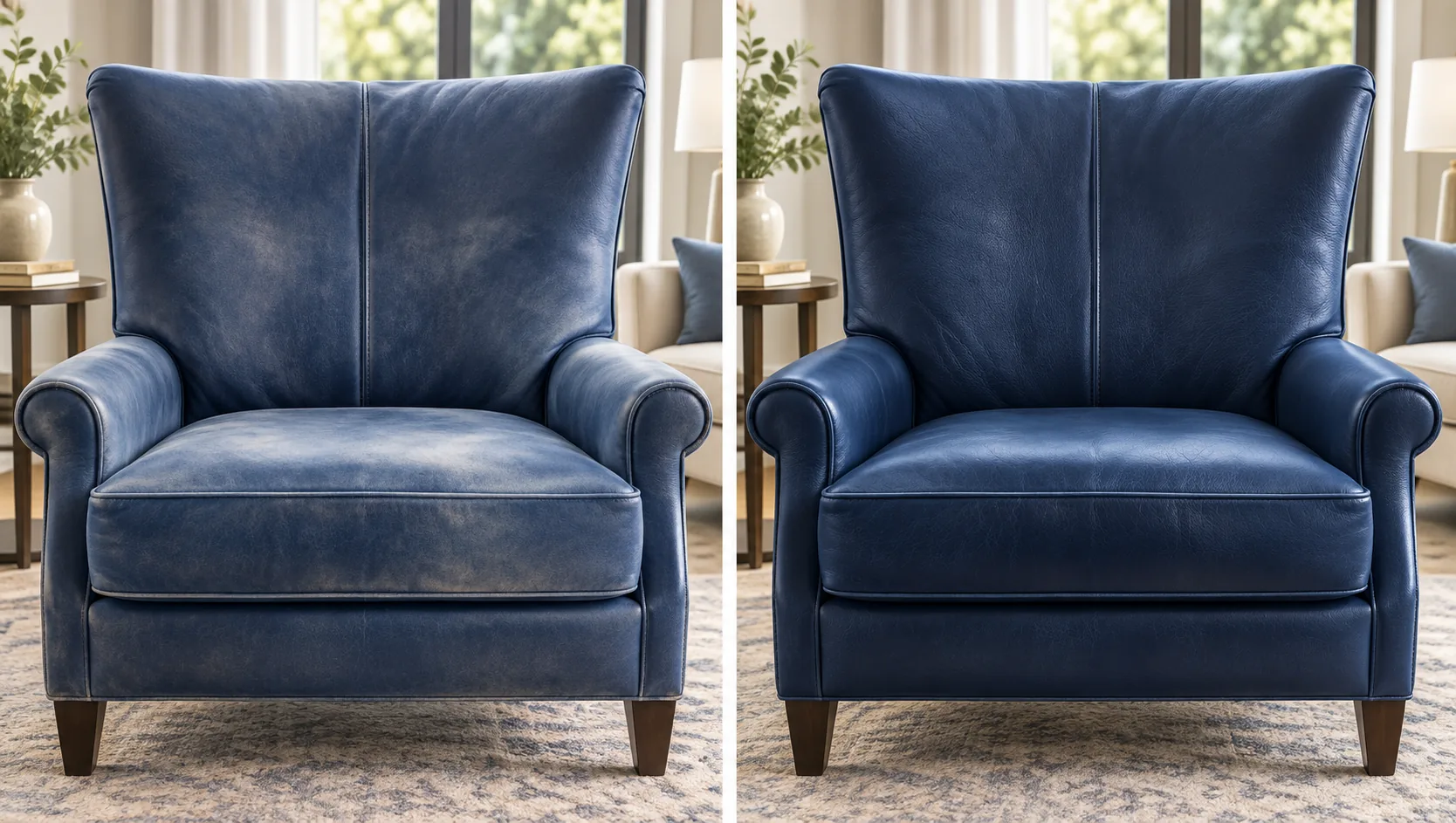 Navy leather armchair before and after colour restoration