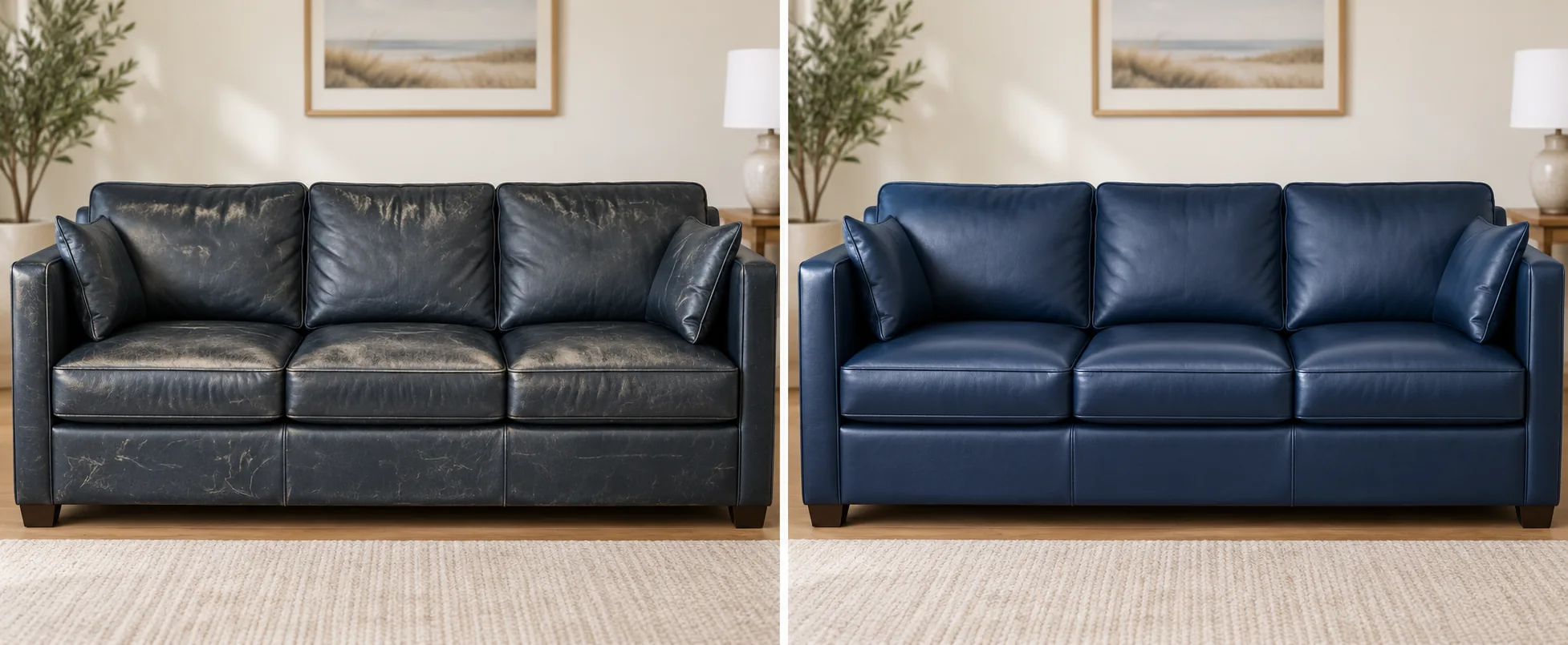 Faded navy leather sofa before and after colour restoration