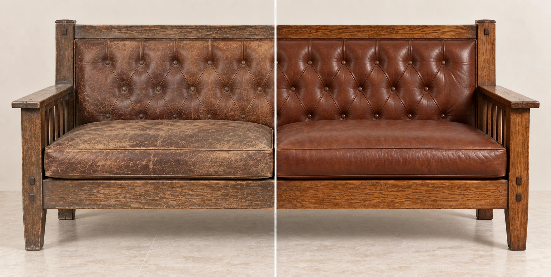 Oak-framed leather settle worn on one half and sound on the other