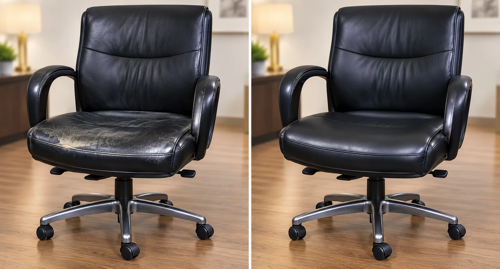 Before and after repair of a worn black leather office chair seat