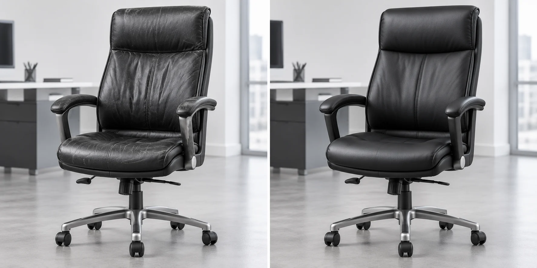 Office task chair before and after leather restoration