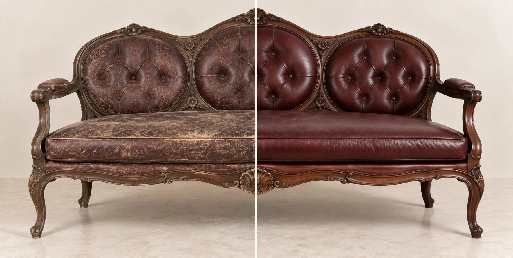 Oxblood medallion-back settee worn on one half and sound on the other
