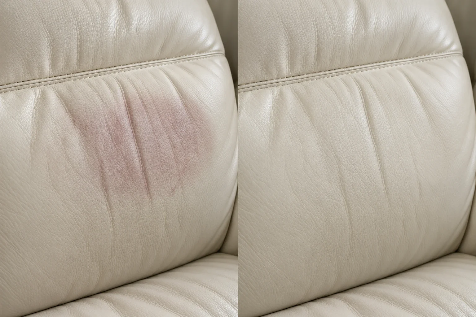 Red dye transfer on cream leather before and after