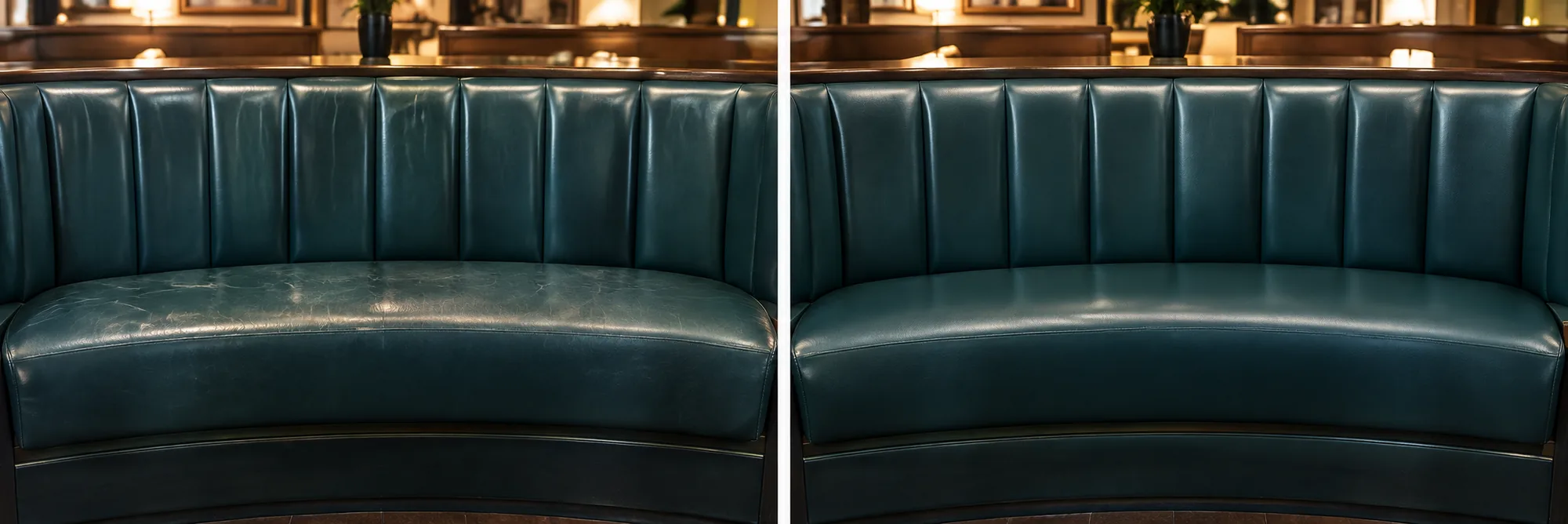Before and after cleaning of a soiled restaurant leather banquette