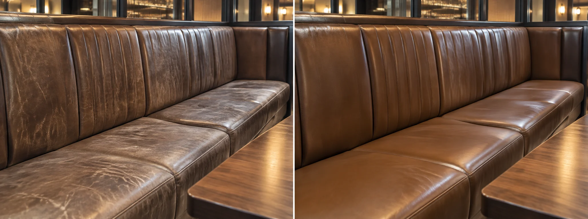 Restaurant leather banquette before and after color restoration
