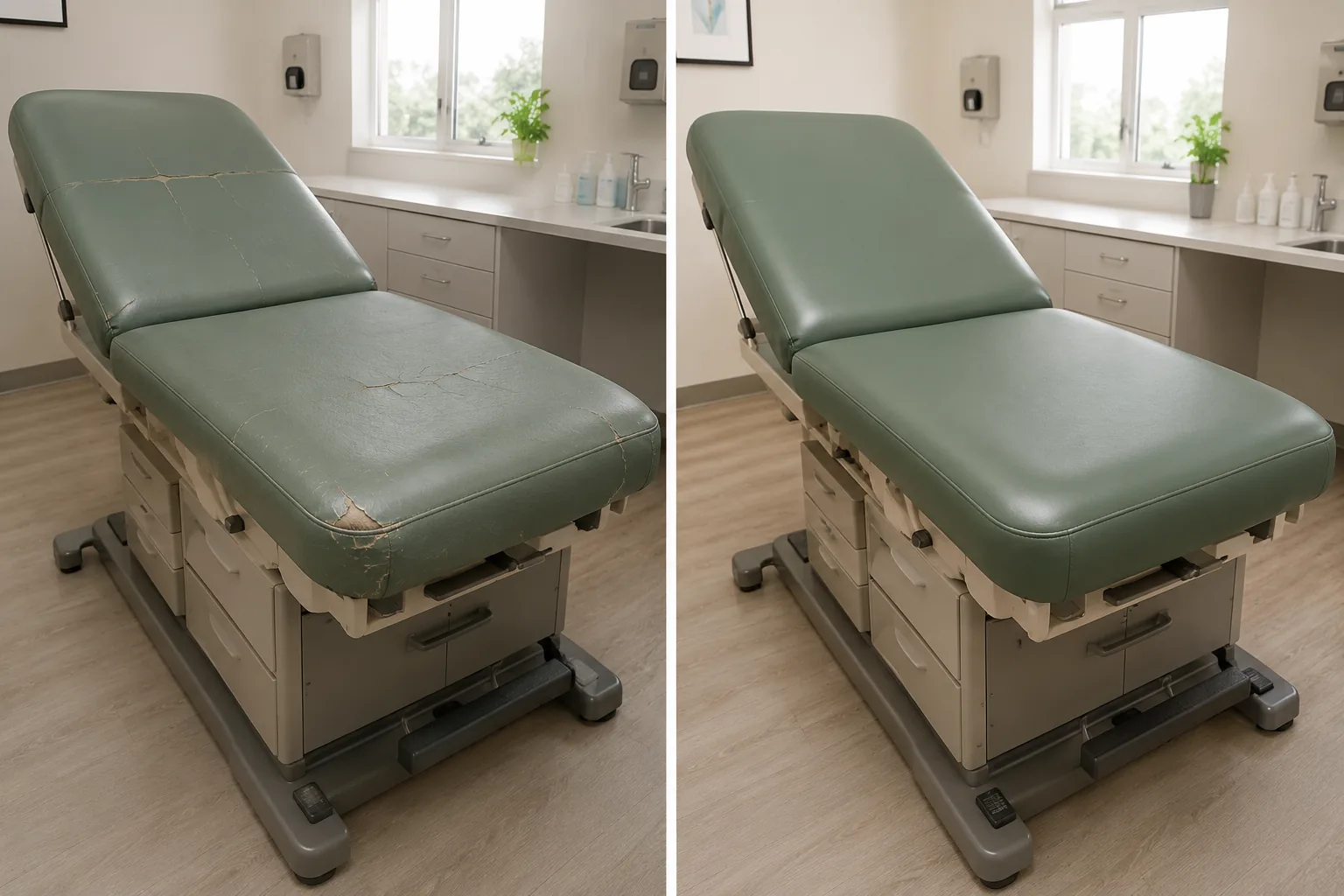 A sage exam table with cracked vinyl, beside the same table reupholstered