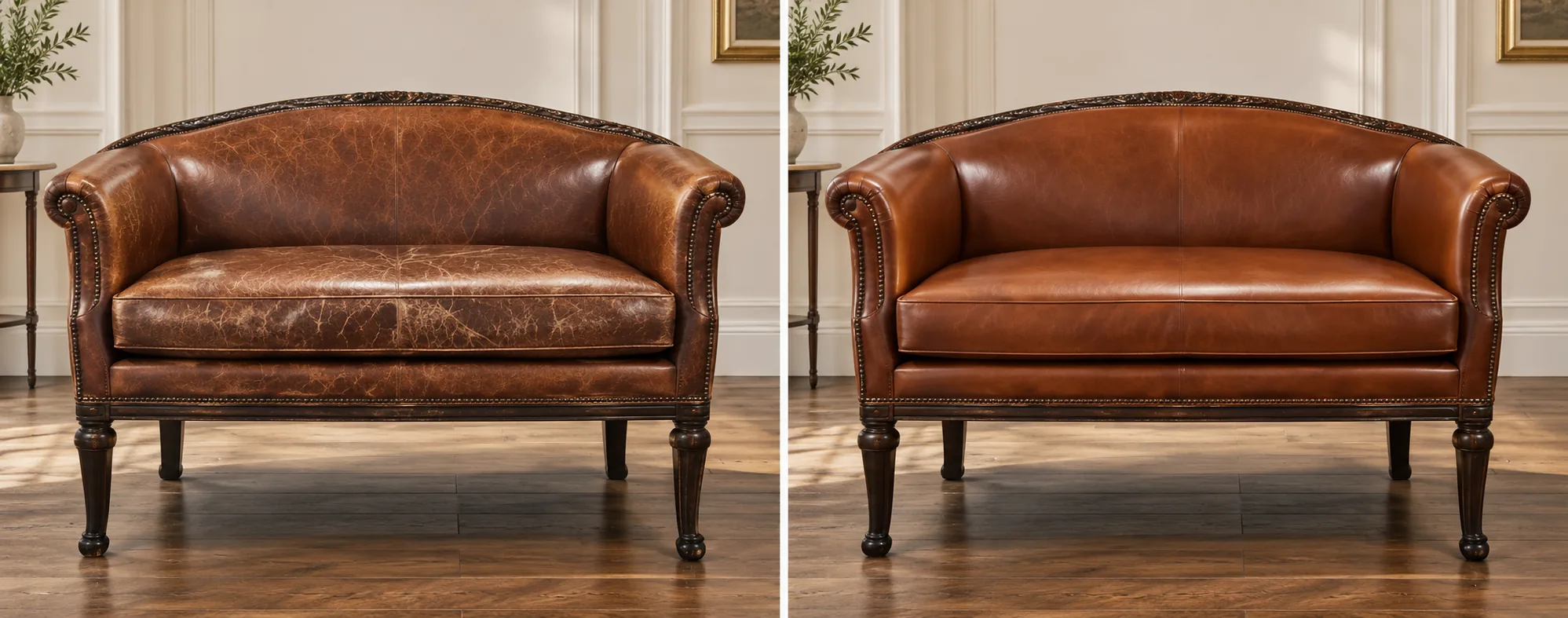 Before and after repair of a scratched antique leather settee