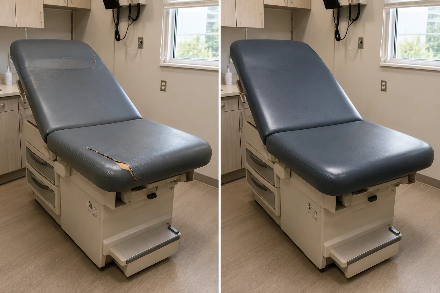 A slate exam table with a cracked seat, beside the same table reupholstered