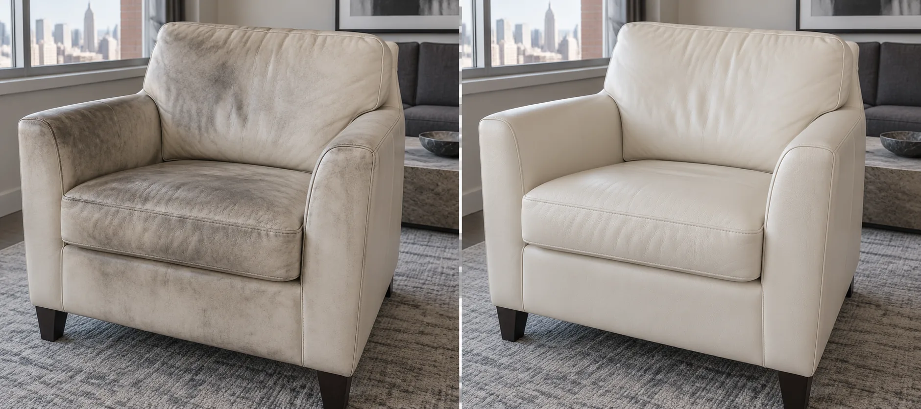 Before and after cleaning and color restoration of a smoke-damaged leather chair