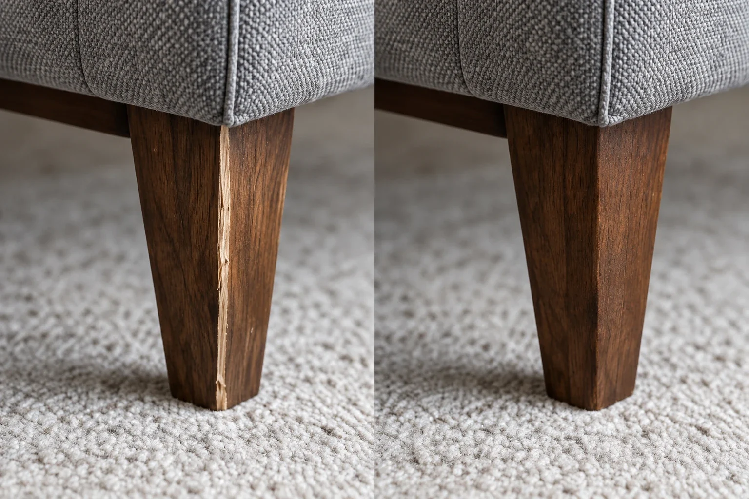 Split wooden sofa leg before and after repair