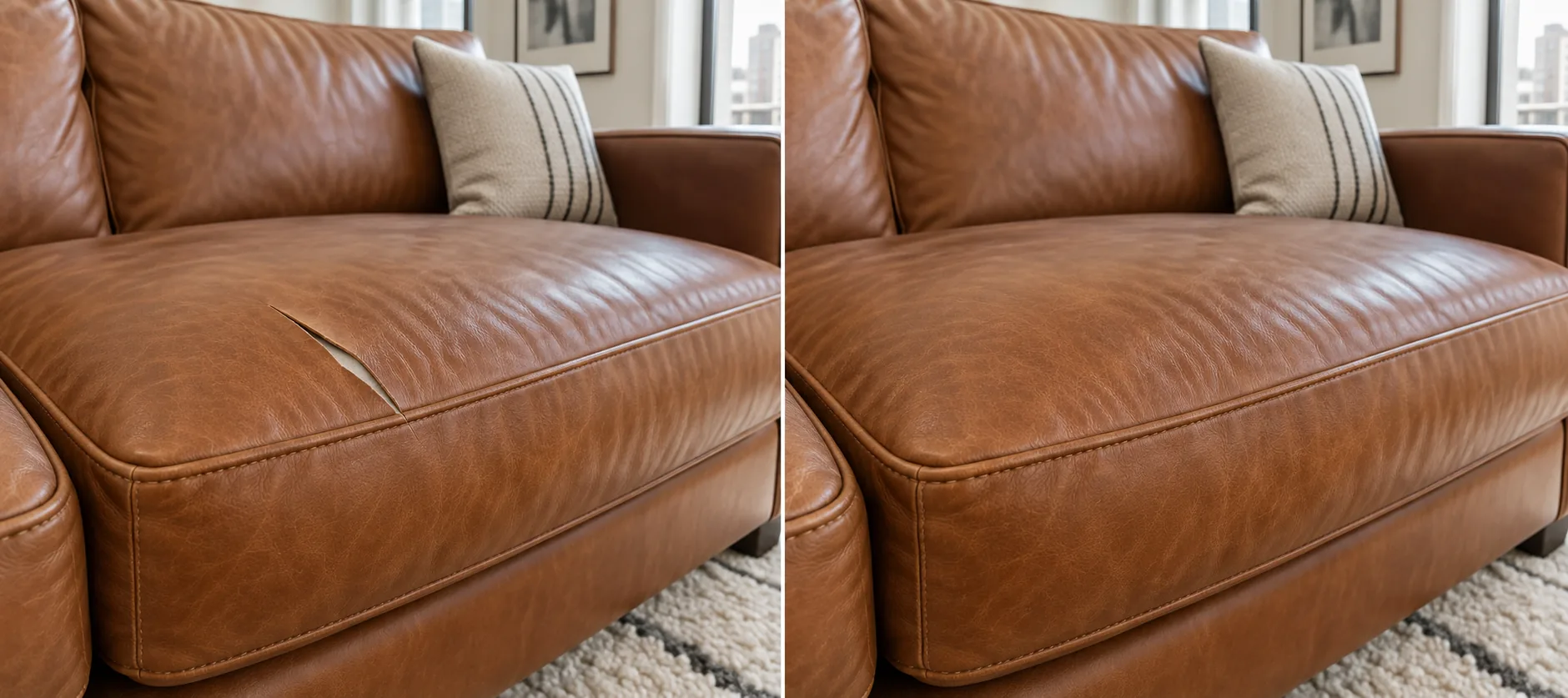 Torn cushion panel before and after