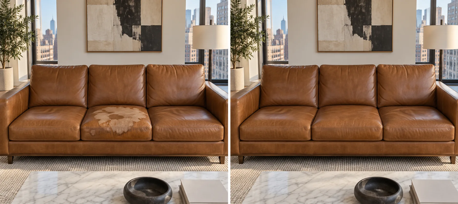 Before and after leather furniture insurance claim repair on a water-stained leather sofa