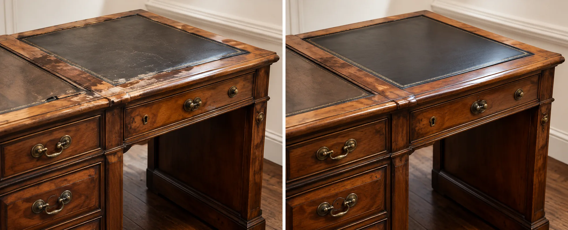Before and after restoration of a worn leather-top desk