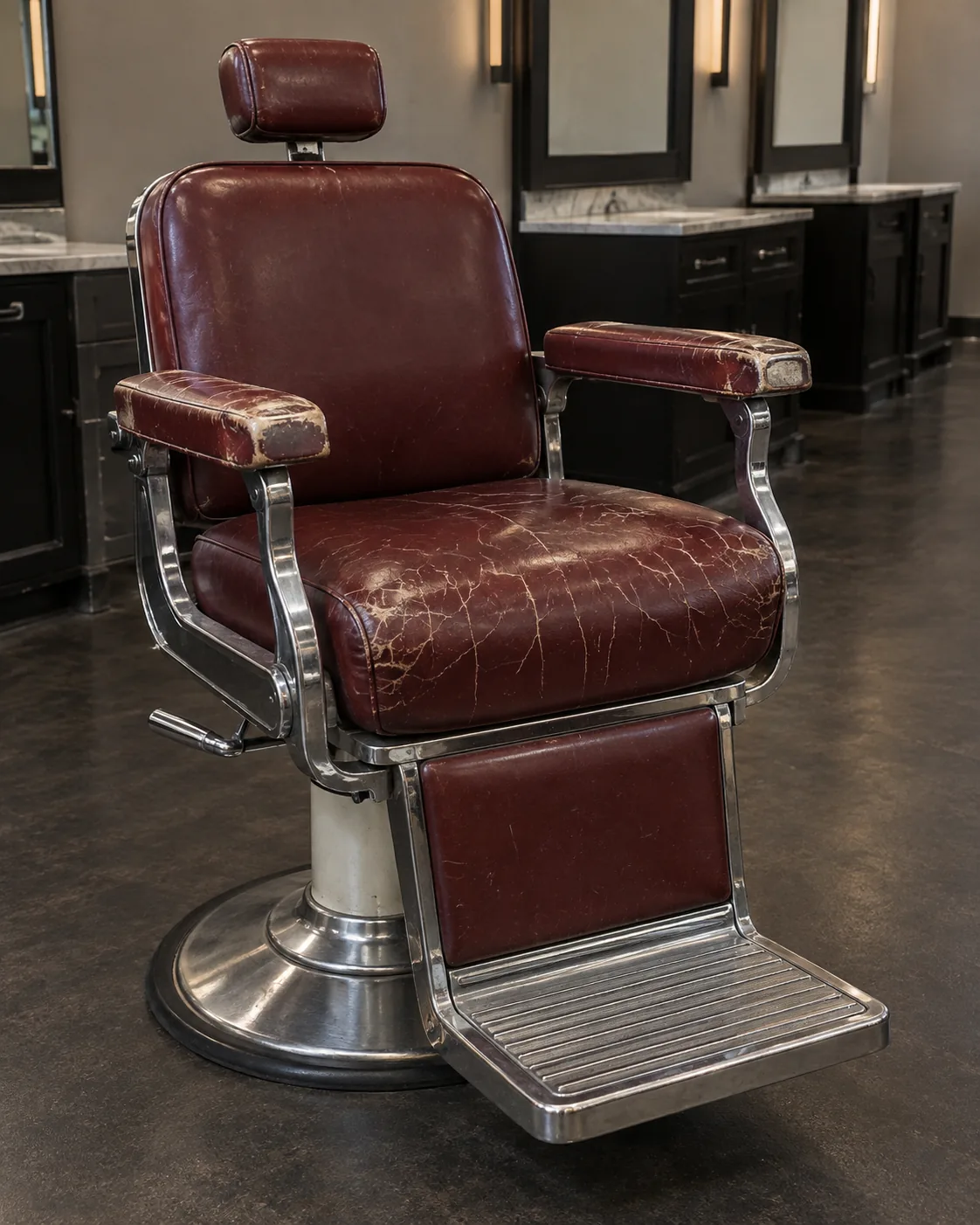 A barber chair with cracked oxblood vinyl