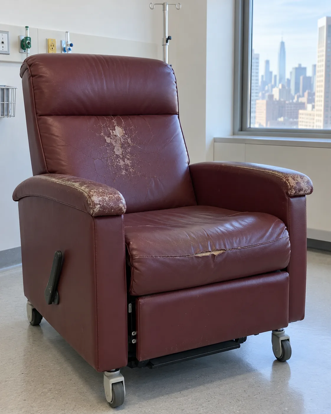 A burgundy treatment recliner with cracked arms and back