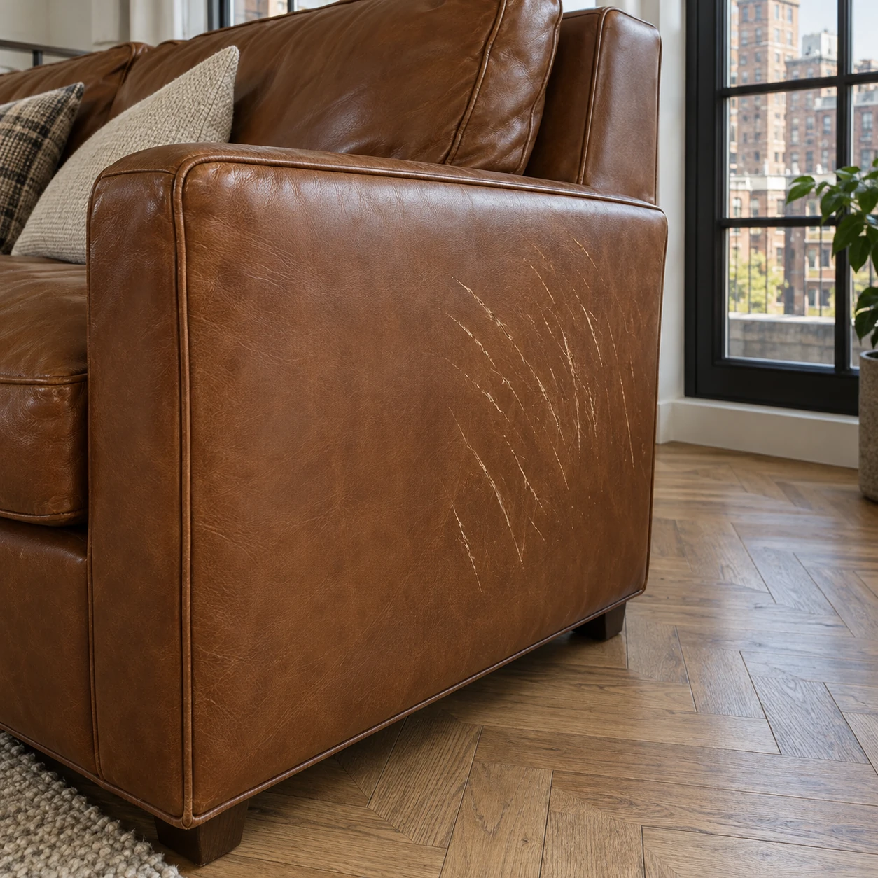 A cat-scratched leather sofa panel before repair