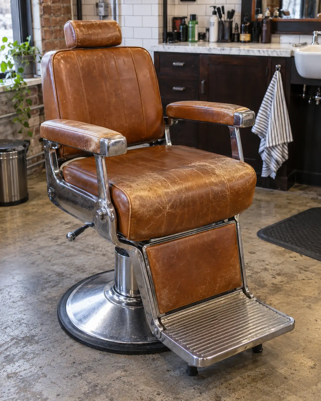 A cognac leather barber chair with a faded, scuffed seat